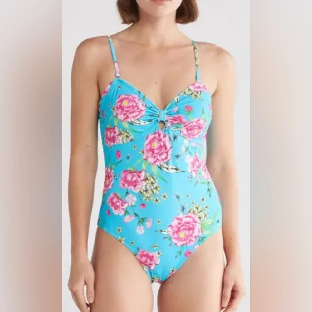 Betsey Johnson Blue Floral One Piece Swimsuit - Picture 4 of 11